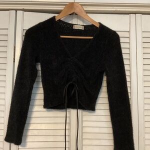 Ruched Altar'd State Sweater Small Cropped Fitted V Neck Long Sleeve Black